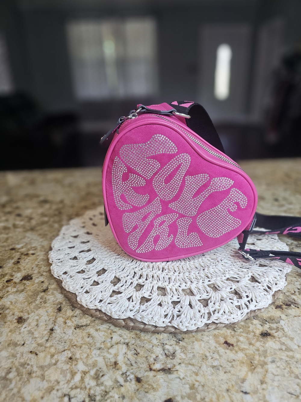 NWT KARL LAGERFIELD Pink Heart Crossbody Bag with Crystal Script